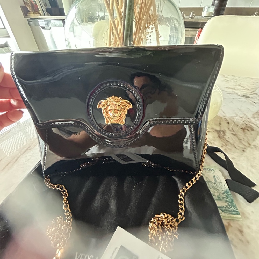 Versace Black Patent Clutch with Gold Chain